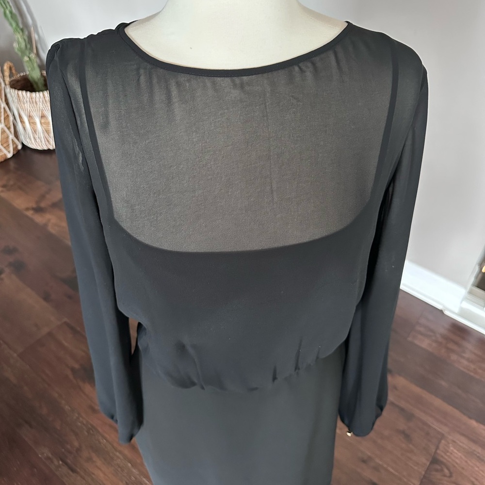 Banana Republic Little Black Dress Sheer Long Sleeve Georgette Mini 14 Tall NWT - Picture 2 of 11